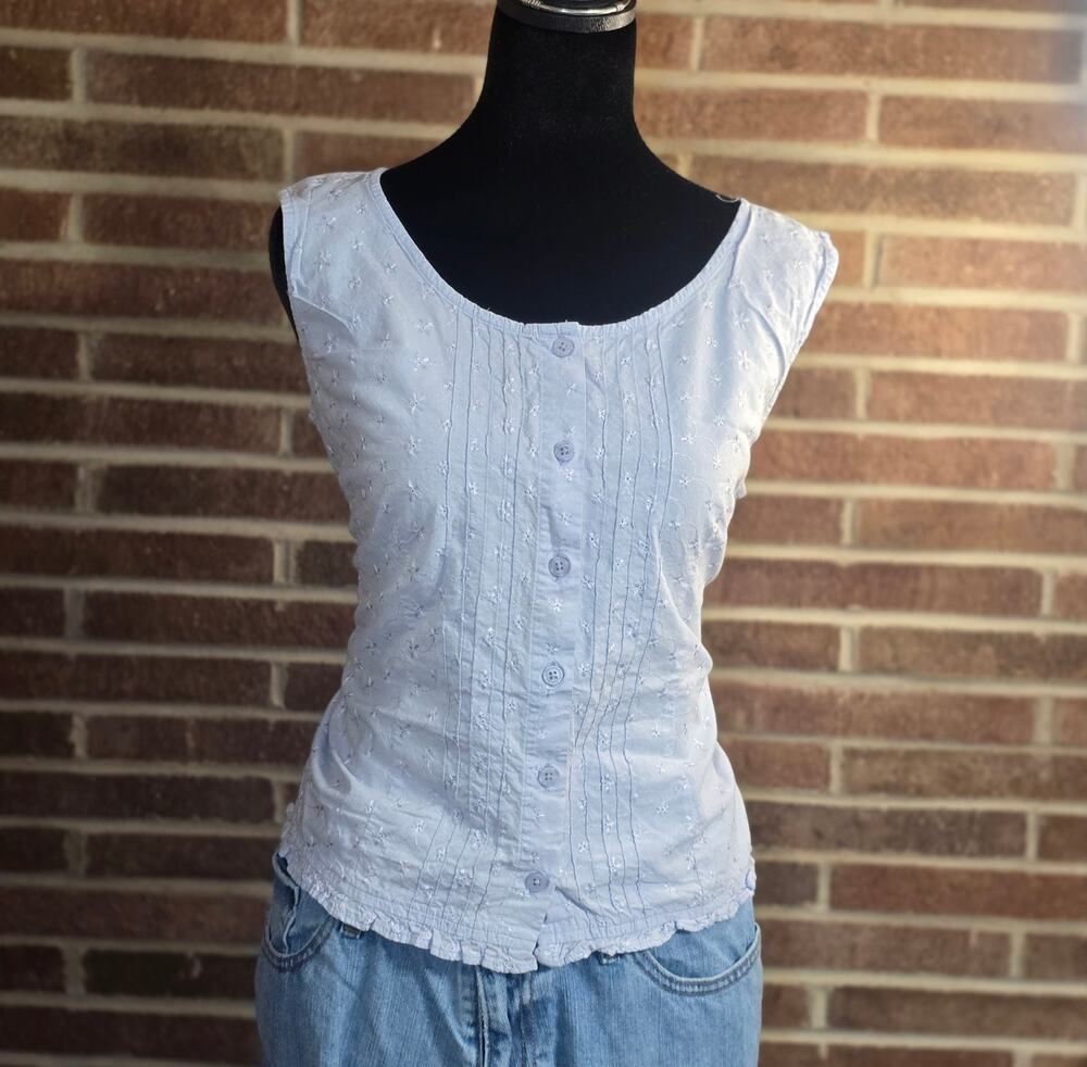 Faded Glory Blue Cotton Eyelet Embroidered Button Front Top SZ L Vintage Y2K